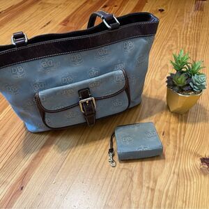 Dooney & Bourke East West Canvas / Leather Trim Donegal Crest Tote Shoulder Bag